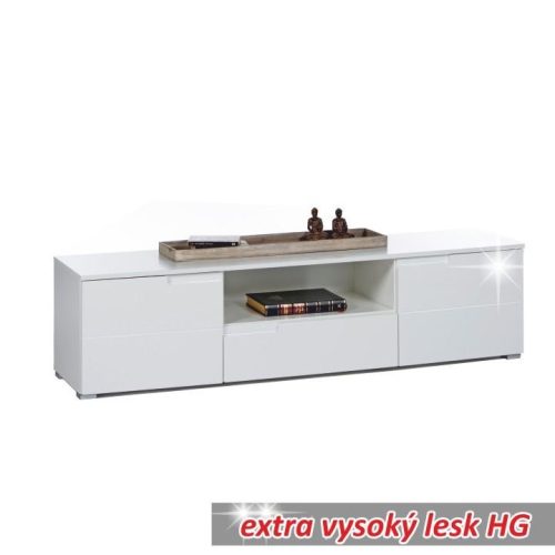 Spice polcos fiókos nagy TV asztal, fehér HG extra magas fényű 165x40x42 cm
